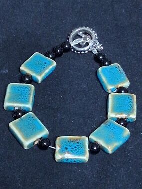 Turquoise Ceramic Square Bead Bracelet with Black Accents
